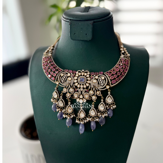 Pure 92.5 Silver Polki Victorian Ruby choker Set