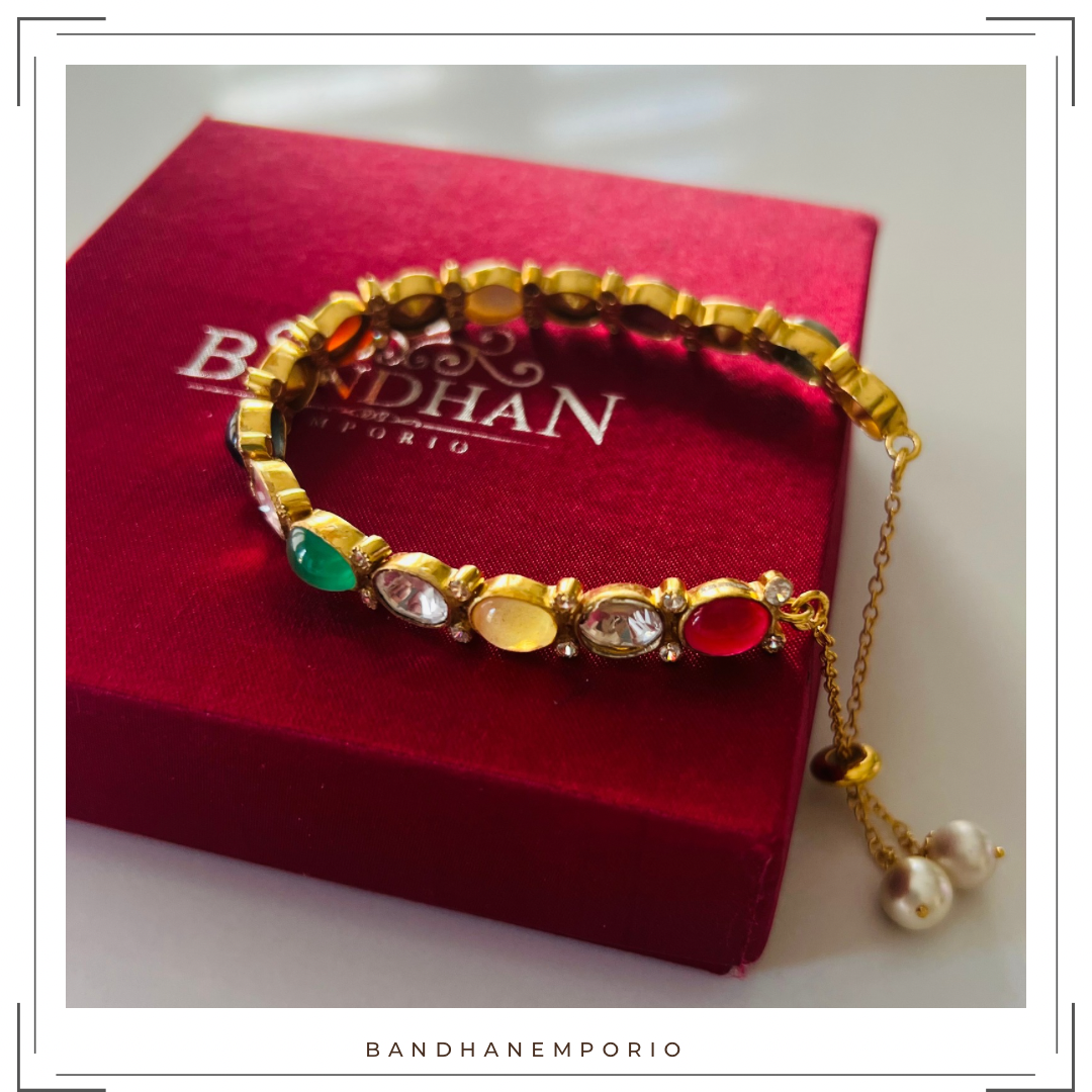 Pure 92.5 Silver Polki Navratan Bracelet