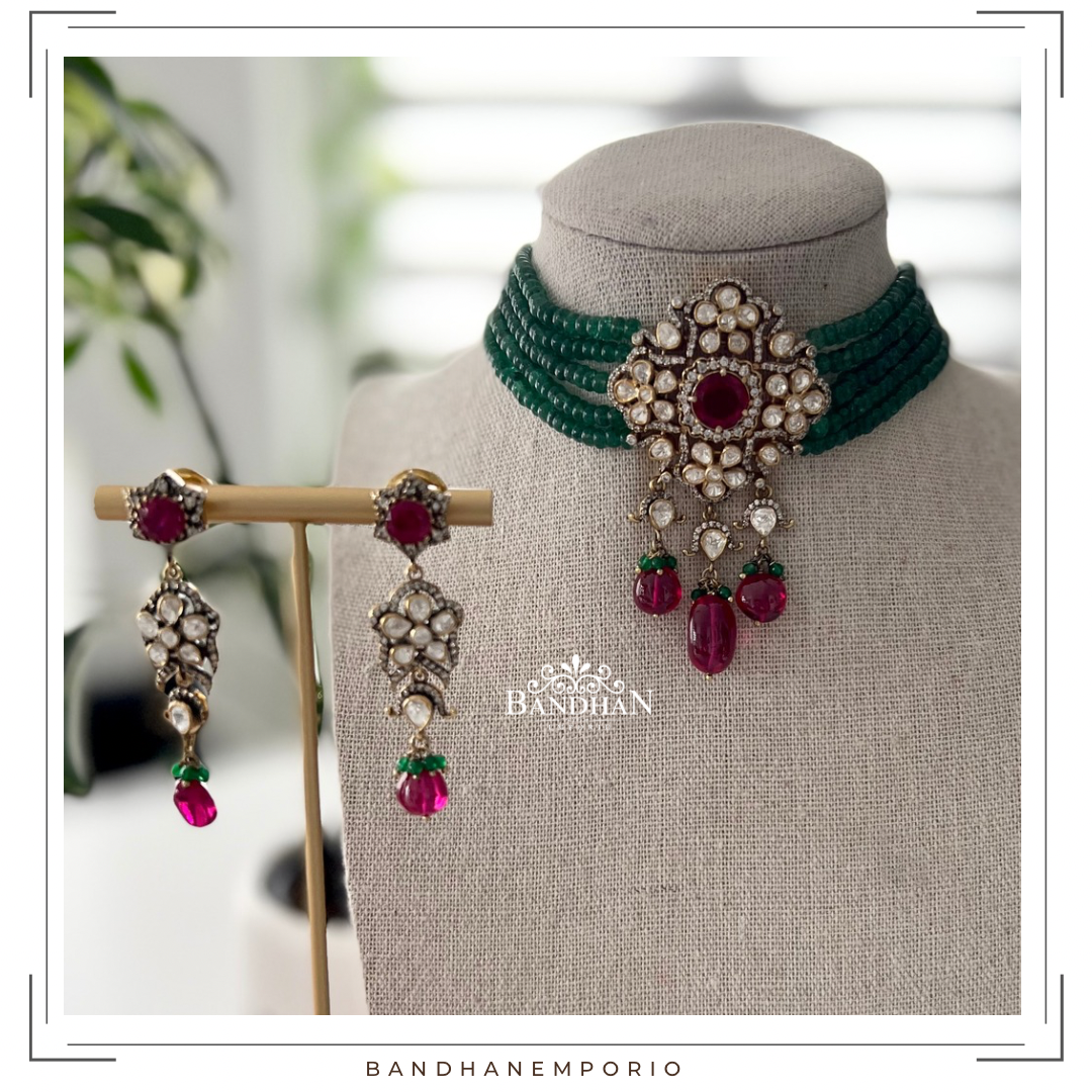 Pure 92.5 Silver Polki Victorian choker Set