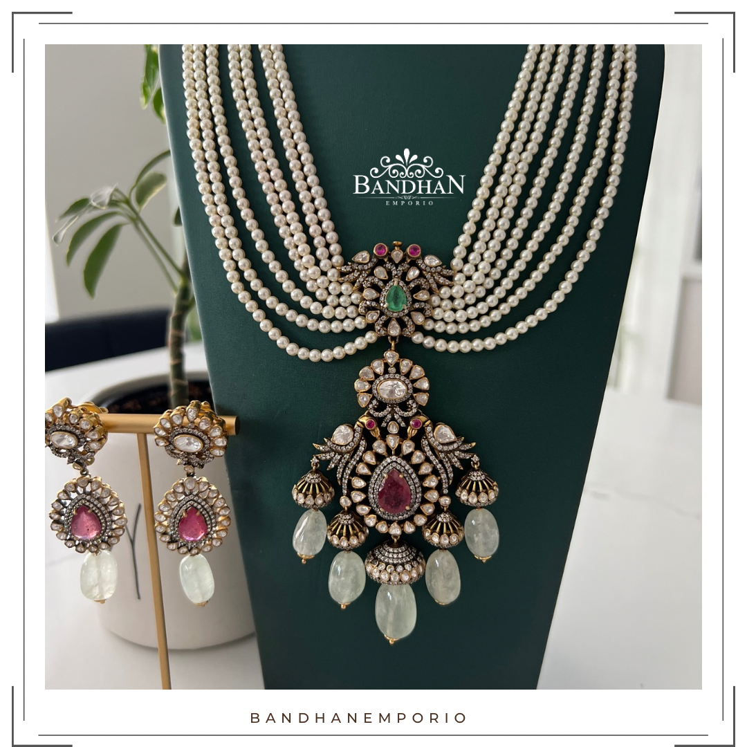 Pure 92.5 Silver Polki Victorian Pearls Layer set