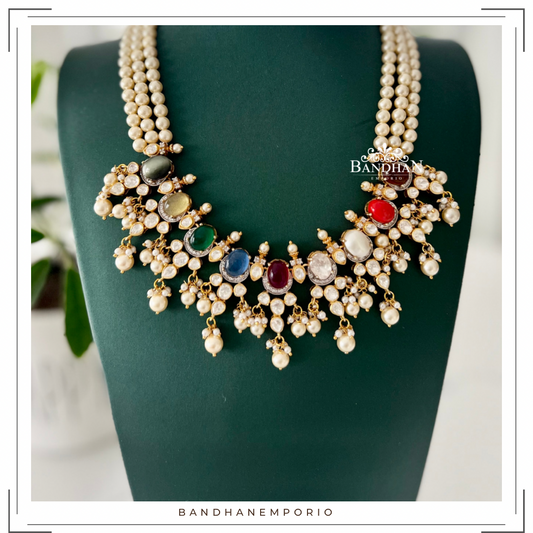 Pure 92.5 Silver Moissanite Polki Navratan Necklace