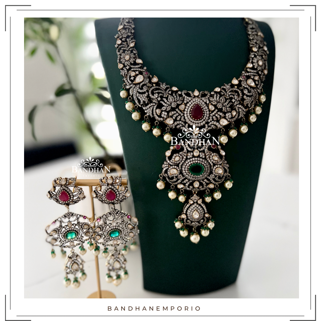 Pure 92.5 Silver Polki Victorian Necklace set - 35% OFF - FINAL SALE