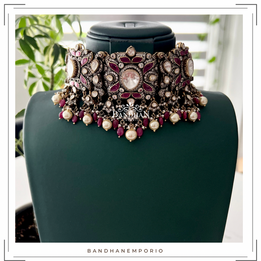 Pure 92.5 Silver Polki Victorian choker Set