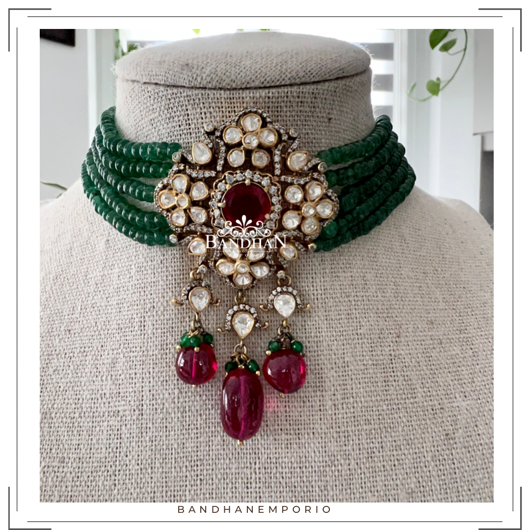 Pure 92.5 Silver Polki Victorian choker Set