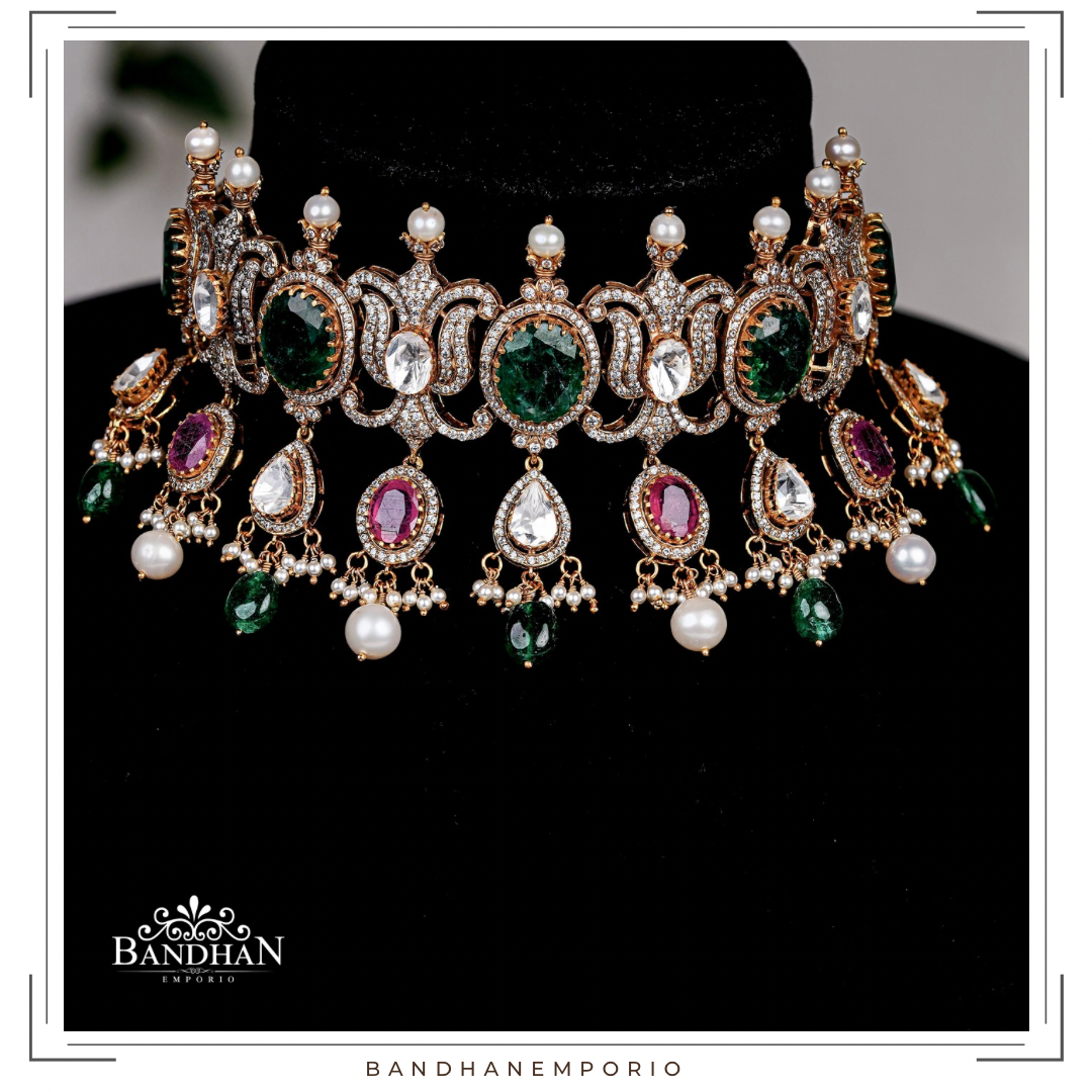 Pure 92.5 Silver Polki choker Set