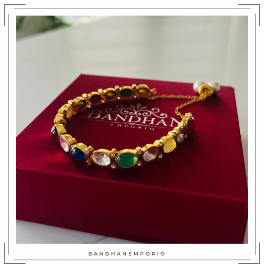 Pure 92.5 Silver Polki Navratan Bracelet