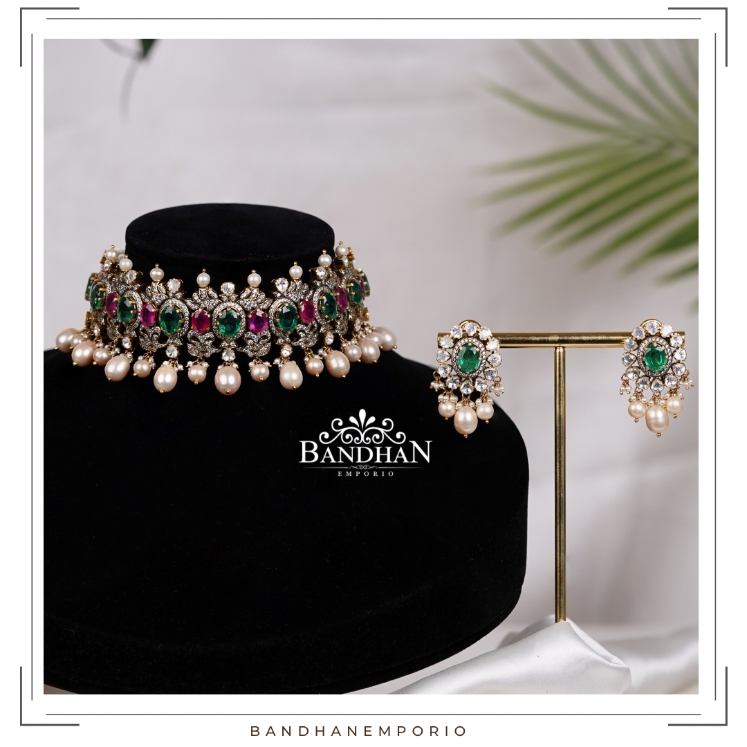 Pure 92.5 Silver Polki choker Set