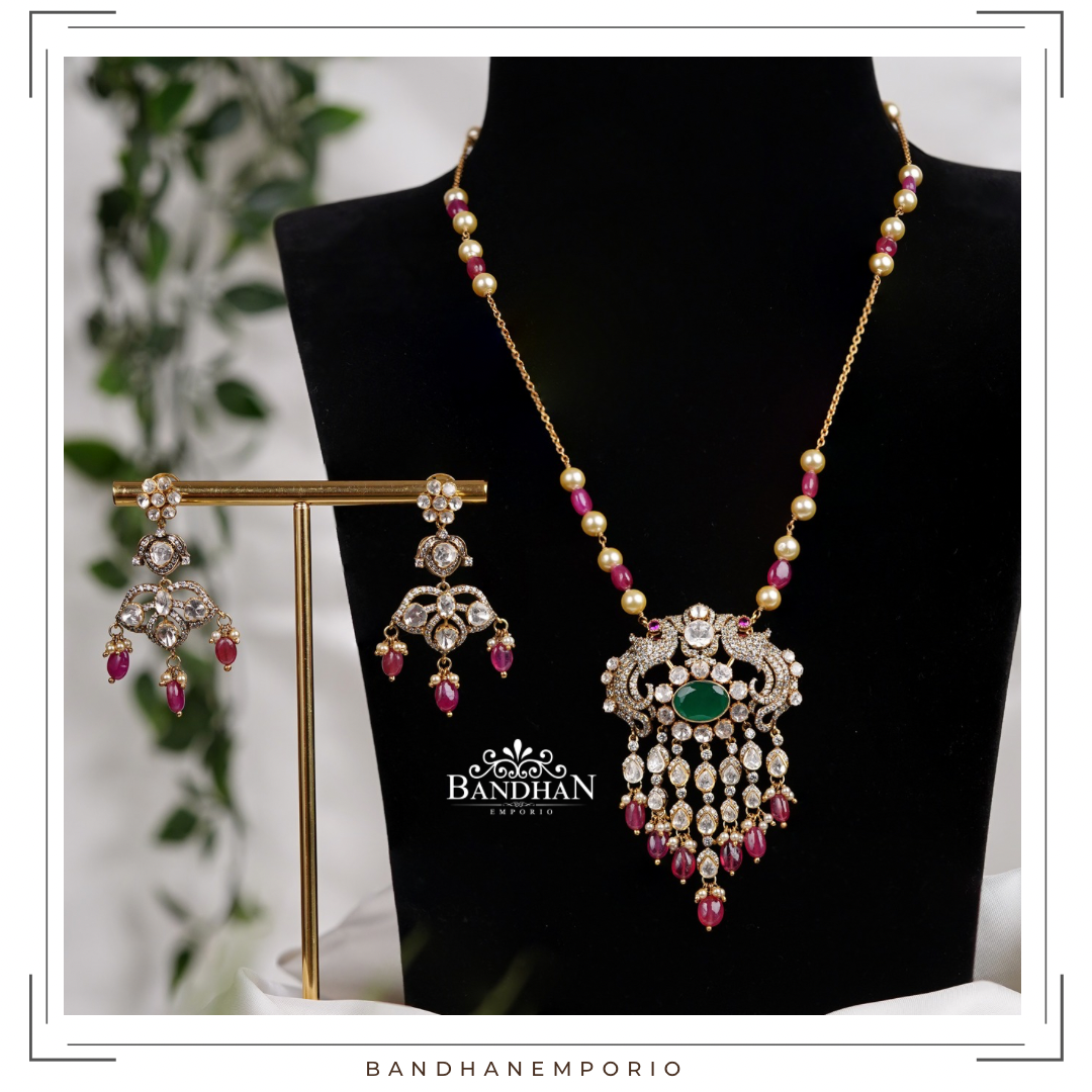Pure 92.5 Silver Polki Victorian Pendant set