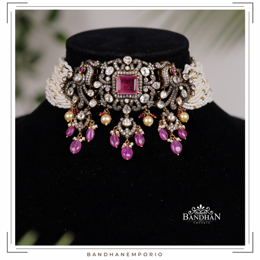 Pure 92.5 Silver Polki choker Set