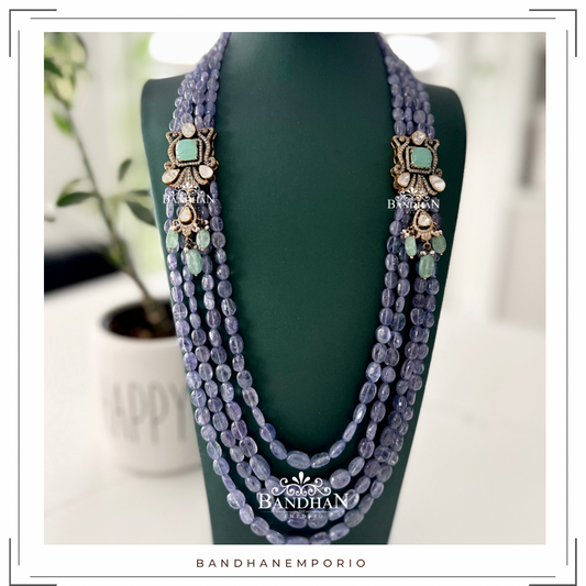 Pure 92.5 Silver Polki Victorian Layered Tanzanites Necklace set
